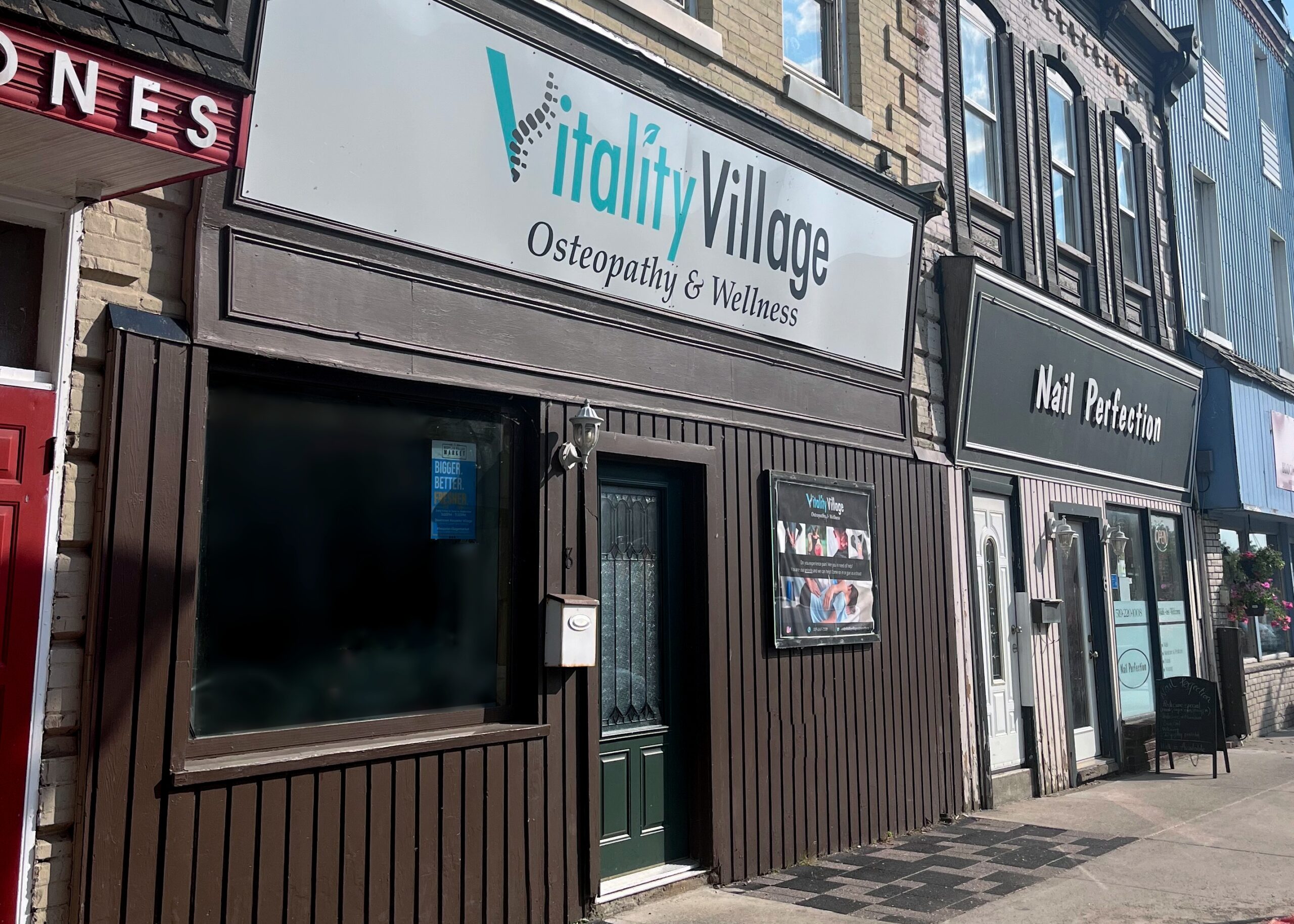 Vitality Village osteopathy and wellness clinic storefront in downtown Hespeler, Cambridge